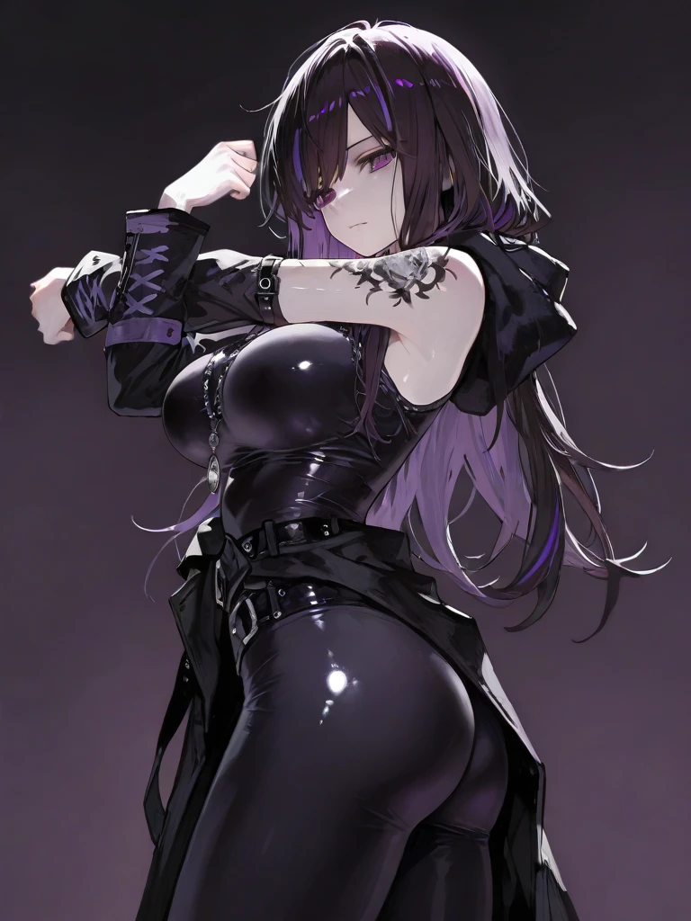 Reze tiene una figura bien proporcionada con un cuerpo voluptuoso, su piel es de tez clara. Ella es muy alta y esbelta, She has long black hair with purple tones that reaches above her waist with a few strands of hair that frame her face up to her chin., light, shiny purple eyes and voluminous eyelashes. En su cuello lleva una gargantilla con un alfiler de bomba que sobresale de un lado de su cuello. His clothing is a short sleeveless black shirt and he is wearing black pants.. Al estilo del anime One Piece. ES MUJER.