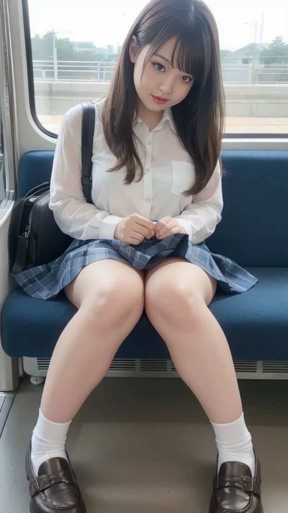 ((highest quality)), ((masterpiece)), (be familiar with), perfect face、Wear panties only、taking off bra、((nipples are erect:1.3)), Sitting on a chair on a bus、spread your legs、Wearing a see-through white knitted polo shirt、Moderate body shape((sexy)), The legs are thin