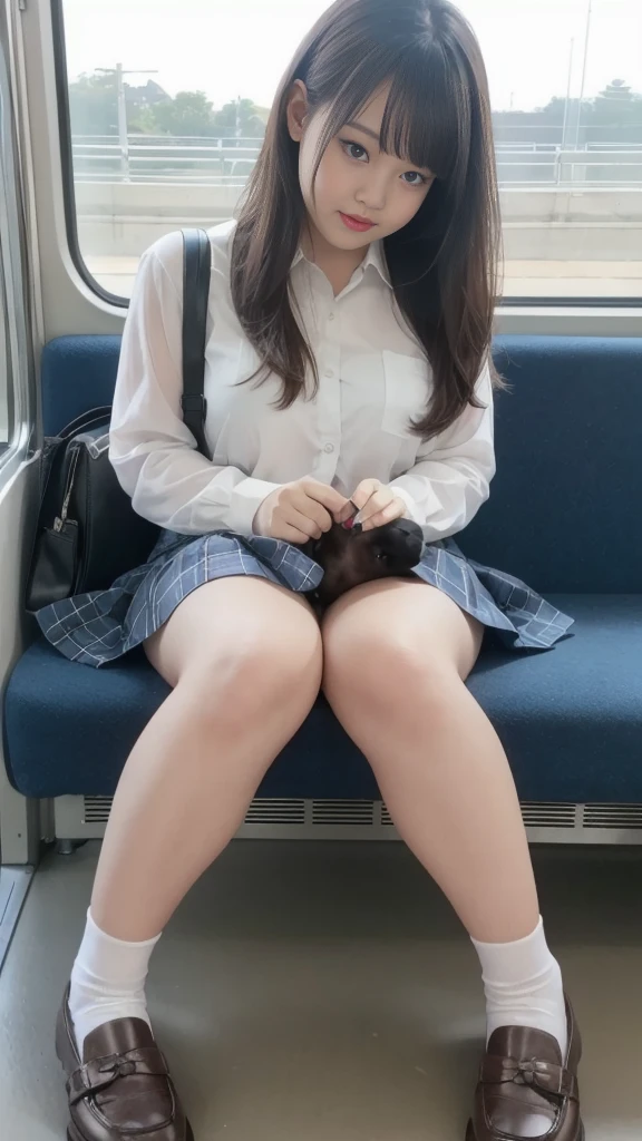 masutepiece、masterpiece、top-quality、ultra-detailliert、hight resolution、hight resolution、8K Portrait、Unity 8k壁紙のhigh-detailCG、Unity 8k壁纸、Cute little:1.5、Lori:1.5、Highly detailed CG Unity 8k wallpaper、逼真、realperson、Cute little、 Portrait photos、shinny skin、high-detail、(sixteen years old:1.2)、(1人)、Beautiful clear eyes、Ultra-fine depiction、delicated face、Lovely lips、skinny body、Big breasts thin waist、Thin leg、(On the train:1.6)、 1girl in, Cute, Perfect face, Seriously, (blush:1.5),((There are a lot of people nearby:1.4)) Big breasts,((School Uniforms:1.2)),(((Clothes lift:1.5))), (((Nipples))), Detailed description vagina,Show vagina,Spread legs,Spread ,((cum in vaginas:1.5))
