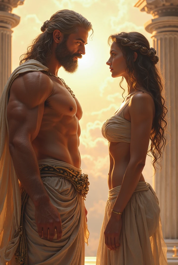a strong man with big hair Israelite, Hebrew biblical story, in the background a beautiful and beautiful woman biblical story, Samson biblical stories