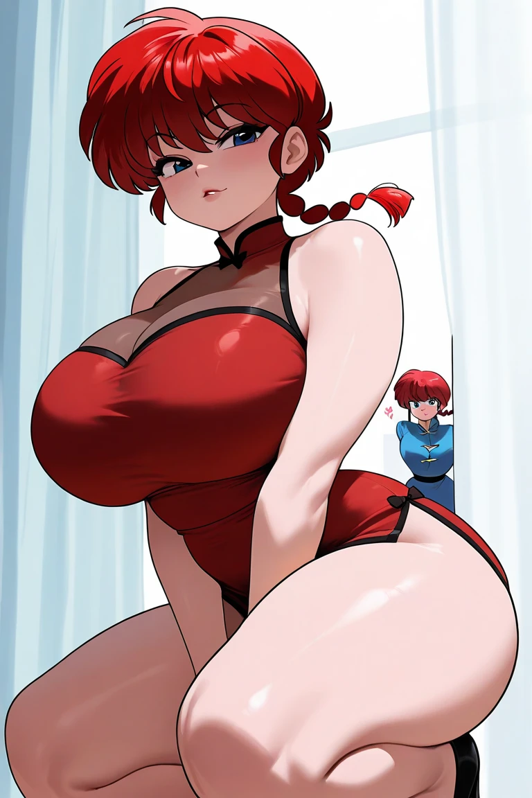 RanmaChan, Red hair, Braided hair, very big breasts, bouncing breasts, pose vulgar, big breasts, lumpy breasts, breast lump, tank top