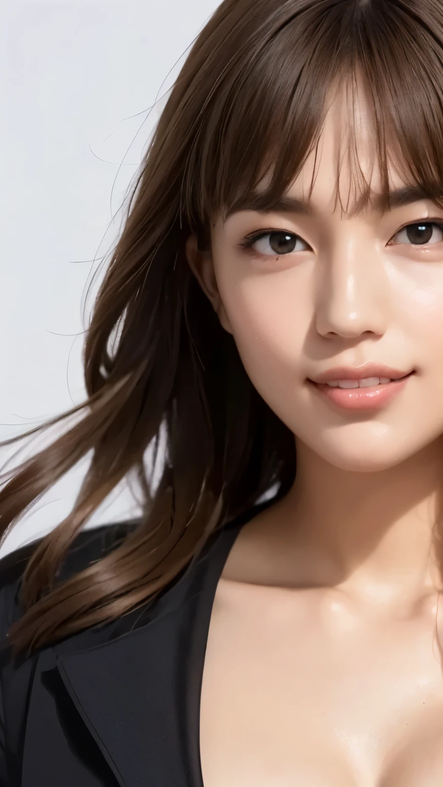 (masterpiece:1.2), (In 8K、Ultra High Definition、ultra high definition、Ultra HD、超realisticな、best quality), (realistic - photo ), high definition RAW color photo, professional photography, Natural sunlight, Soft Shadows, (realistic:1.3), A 30-year-old woman、1 person, Perfect Anatomy, poster quality, (high definition face and skin texture, shiny skin, oily skin, Strong gloss), (big eyes:1.2), (face close-up:1.1), male wolf, (No makeup:1.2), She、is smiling, viewers looking straight up, (glares at viewers), detailed eyes, Dark Eyes, ( shining eyes), long、Eyelashes, hot button, black hair, long hair, (とてもlong髪), detailed hair, (hair ornament on head), hair accessories, anatomically accurate neck, natural short neck, Natural neck, (Her big bust、droopy:1.2), anatomically accurate breasts, huge breasts, saggy breasts in the cleavage, Deep-Chest Valley, anatomically accurate hands, flannel clothes, blue tunic, long sleeve blouson, Black Coat, black inner