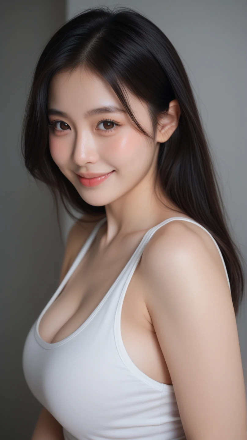 ((Best image quality, 8k, masterpiece:1.3)), One girl, Beautiful woman with slim abs:1.3, (Casual Hairstyles, :1.2), White low cut bra,Extra Large,The skin is very white,Ultra-fine face, Detailed eyes, double eyelid,smile。Take a photo with a cute pose,Very bad shape,Small waist,Super big breasts,close,close chest,White skin,Casual background,close Shot Shot,Beautiful big breasts,tall