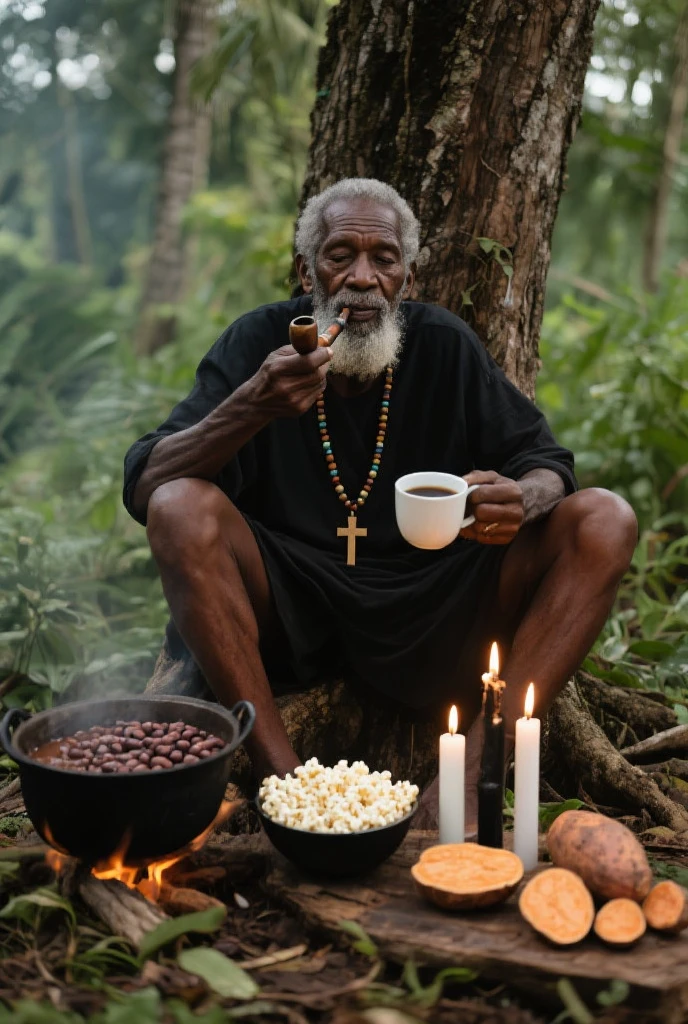 black male,unshaven beard,worn out clothes,eyes browns,,middle-age, feet in the mud, sitting in a swamp,like lit candles and a plate with eggs and a bottle of cachaça, baldie, body covered in black clay, Grinning, wearing a hooded cape