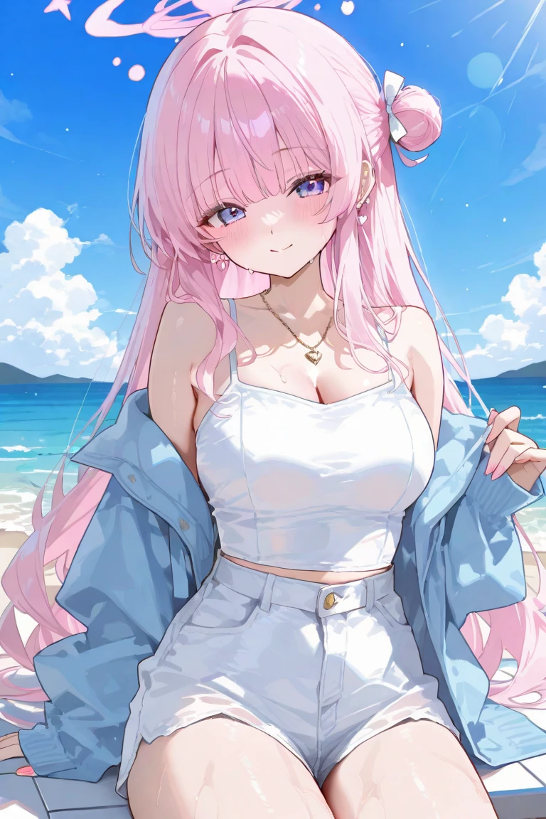 anime、pink hair、big breasts、valley、white shirt、pink shorts、Cafe、one person