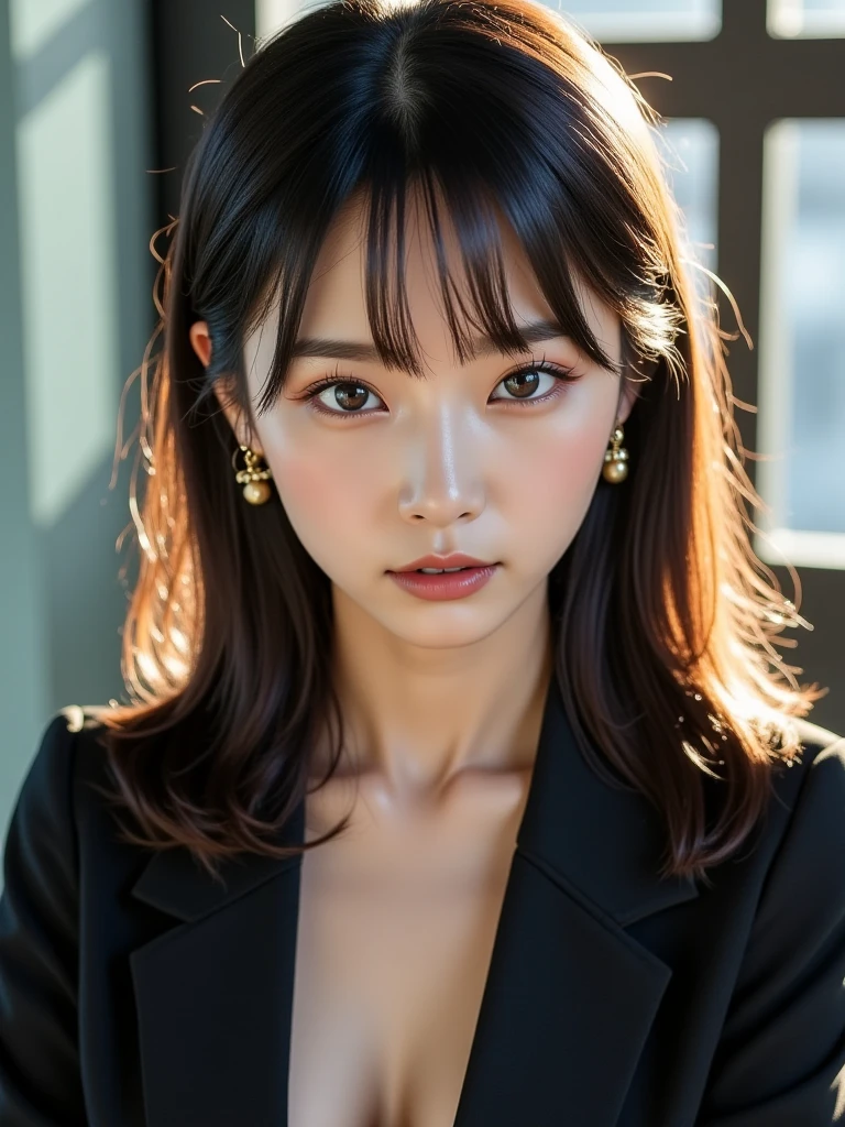 masterpiece, best quality, ultra-detailed, intricately detailed hyperdetailed, realistic, sharp features, highly detailed, sharp focus, (25 years old:1.3), Japanese Idol, perfect face, perfect symmetrically eyes, perfect full lips, hyper detailed, hyper realistic, high resolution, Fashion Model, Slender, Stylish, Realistic, Photorealistic:1.3, Beautiful Face, light brown hair, messy hair, asymmetrical bangs, pov, Neat clothes, (Black tops:1.2), bedroom,