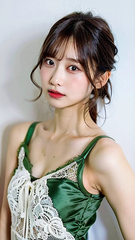 (8k, 4k, best quality, highres:1.2), (masterpiece, realistic, photo realistic:1.37), 1girl, solo, Japanese girl, beautiful face, eyelashes, nose, glossy lips, (detailed eyes, looking at viewer, fair skin, white skin:1.5), fine complexion, upper body, medium breasts, absurdly long hair, ,two side up style with green hair, bangs, hair ornament, bow, younger aged down,