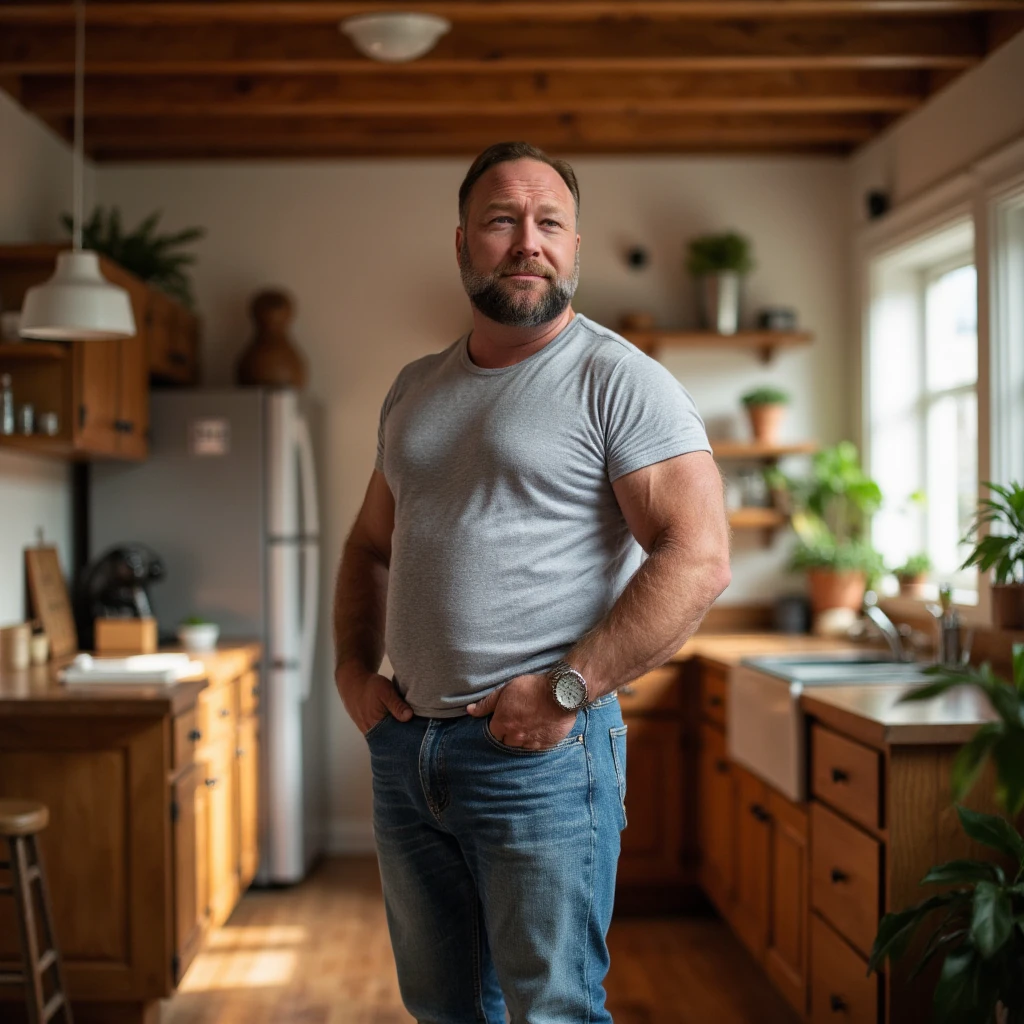 Man 40 years old, muscular, wearing jeans and a T-shirt, he stands full-length in the kitchen, looks at the camera and smiles.
