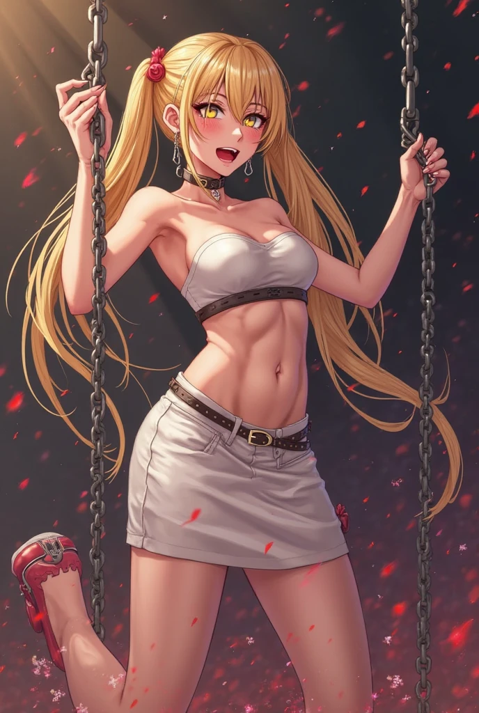 Score_9,score_7_up,source_anime,view from below,cowboy shot,looking at viewer,smile,parted lips,shaded face,2girl,big breasts,pink nipples,cleavage,navel,thighs,nice ass,blonde,red eyes, Long hair, hair covering eyes, white pajamas, shoulder straps slipped, head tilted, fingers on mouth, pants tucked in, pulling own clothes, leaning, abstract background, spotlight, red background, dark background, hemp The rope enters and blood splashes