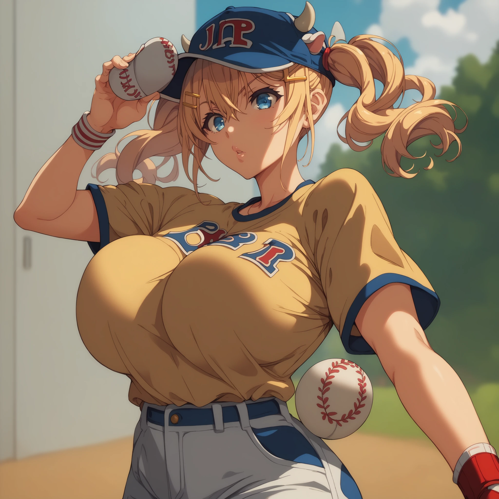 (Very detailed, Realistic, 8k) one person, Super Sonico at a baseball game, Wearing a baseball cap, have huge bare breasts, The eyes are very fine and uniform, a dark brown color.,、Camel Toe、Giant tit、Nipple Puffs、Cleavage、Plump、Super big breasts、Super big butt、Bubble butt、、(Super sensitivity、Super sensitive body、Drip a large amount of love juice、Drooling a lot、Sweating profusely、Open your mouth wide、Sticking out a long tongue、Ecstasy、Overflowing body fluids、Squirting、Peeing、Breast milk:1.3)