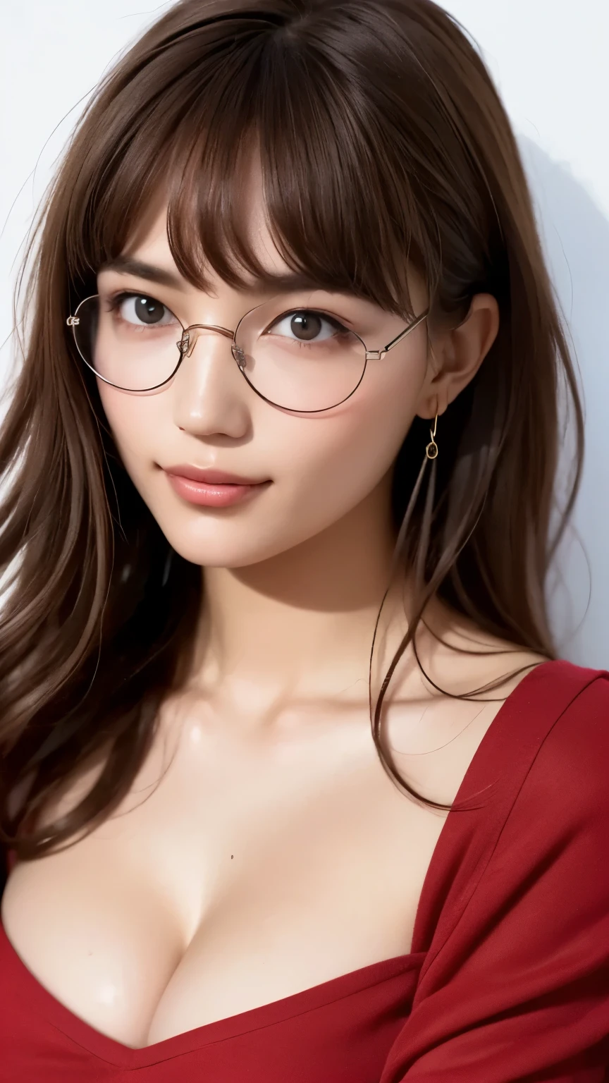(masterpiece:1.2), (In 8K、Ultra High Definition、ultra high definition、Ultra HD、超realisticな、best quality), (realistic - photo ), high definition RAW color photo, professional photography, Natural sunlight, Soft Shadows, (realistic:1.3), A 30-year-old woman、1 person, Perfect Anatomy, poster quality, (high definition face and skin texture, shiny skin, oily skin, Strong gloss), (big eyes:1.2), (face close-up:1.1), male wolf, (No makeup:1.2), smile, She、is smiling, viewers looking straight up, (glares at viewers), detailed eyes, Dark Eyes, ( shining eyes), long、Eyelashes, hot button, red hair, long hair, (とてもlong髪), (hair ornament on head), hair accessories, Silver Glasses, anatomically accurate neck, natural short neck, Natural neck, (Her big bust、droopy:1.2), anatomically accurate breasts, huge breasts, saggy breasts in the cleavage, Deep-Chest Valley, anatomically accurate hands, Crossing Hands, flannel clothes, red tunic, long sleeve blouson, Black Coat, Red Shirt