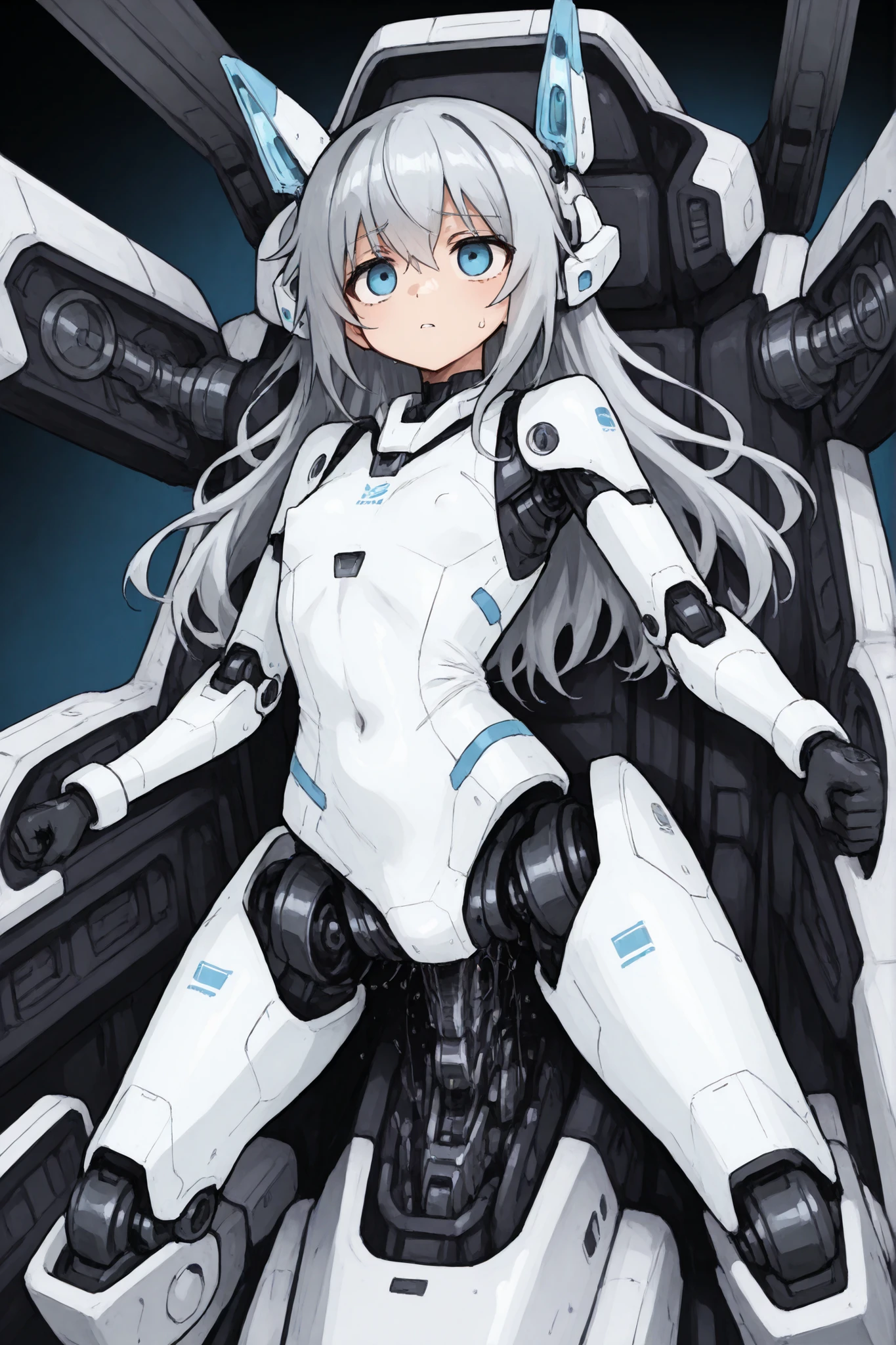 Empty Blue Eyes 、long gray hair、bodysuit、headgear、(mechanical joints、Incorporated into the machine) 、((Young physique))、anime style、high image quality、High Quality。 in the cockpit、erotic、body modification、Biological Unit