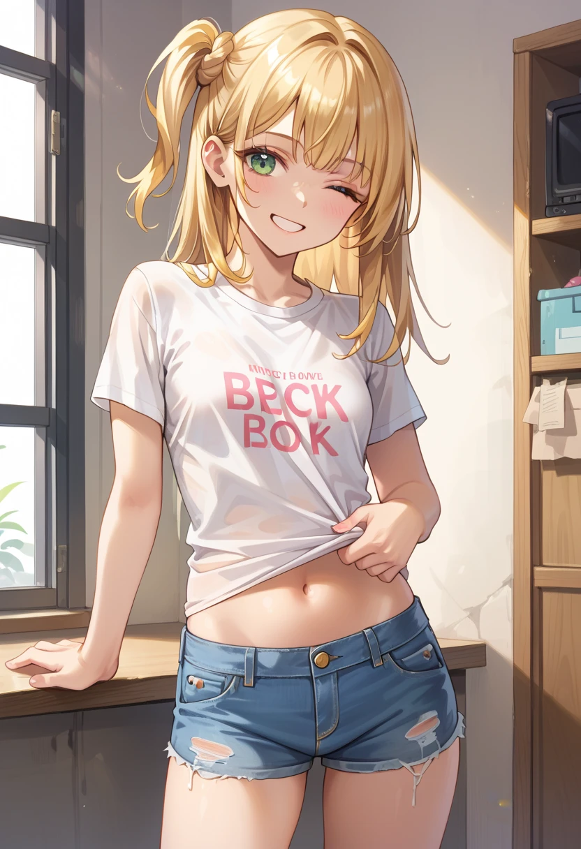 masterpiece,best quality, ultra-detailed,1girl(sakurai momoka, lovely small breasts, glow skin, wavy hair, long hair, blonde hair, headband(red ribbon),green eyes),a face in love, smile, open mouth, glow lips, head tilt, facing viewer, looking at viewer, nose blush, blush, solo, blue jacket, white tank_top,covered nipples, navel, blue short shorts, fishnets pantyhose, in the locker room, standing, a seductive pose, sexy waist teasing