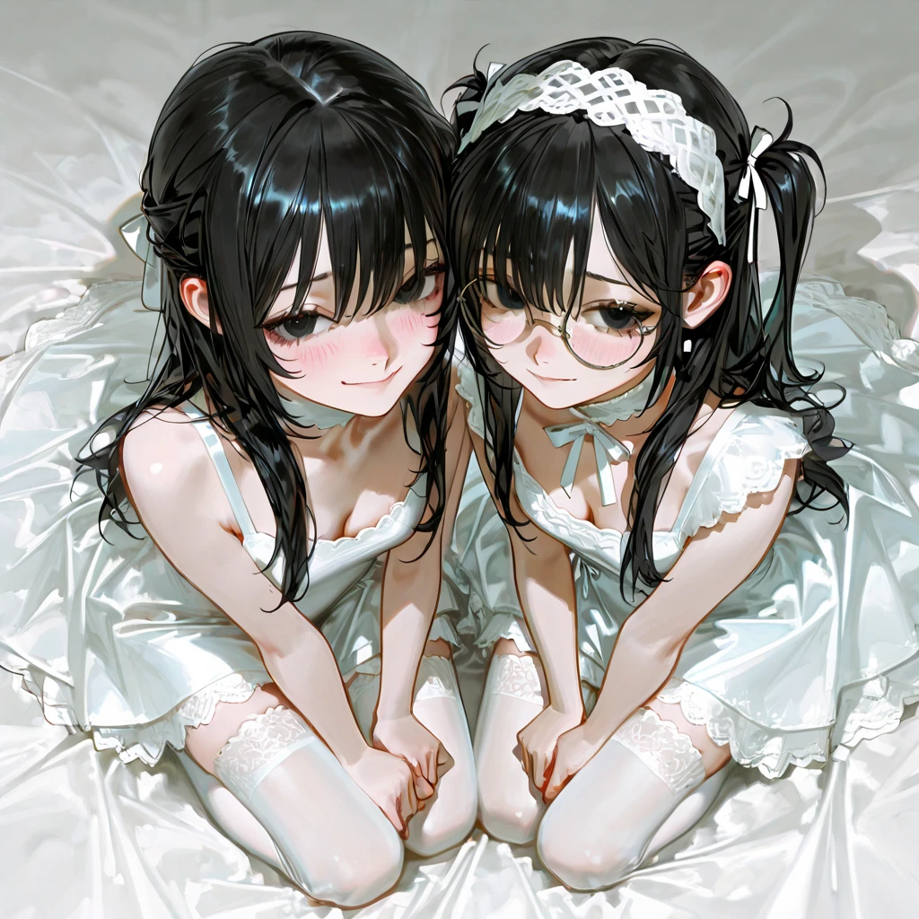 ultra-detailliert, Best Quality, High resolution, ((Two cute little girls with dark hair))、Pretty eyes、Detailed eye depiction、Looking at Viewer, pale skin、((Petite)), (weddingdress)、(I'm not wearing panties)、(flat chest), (Glasses), (blush:1.2), (big eye:1.5), An embarrassed smile, NSFW, a bed, Focus on the face, Long hair、hair adornments、sitting on