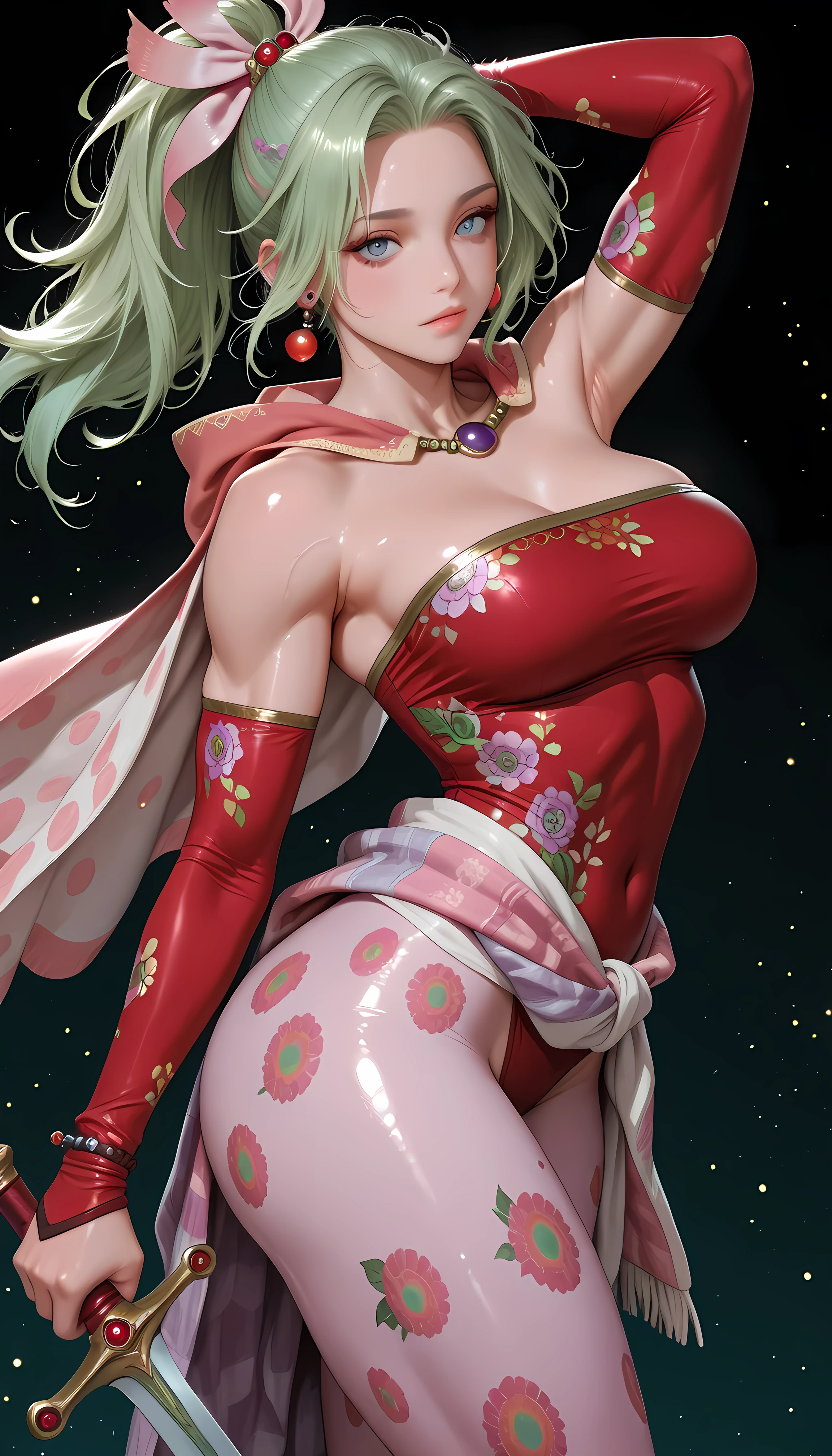 masterpiece, best quality, amazing quality, hyper-detailed, newest, very aesthetic, 1girl, photo posing, dynamic pose ,muscle, shiny muscles, large breasts, large thighs, diffused light, absurdres, highres, hd particles, tina branford, green hair, ponytail, hair ribbon, earrings, cape, red dress, strapless, detached sleeves, clothes around waist, print legweartrancetina, monster girl, long hair, pink skin, pink hair, claws, nude, holding sword