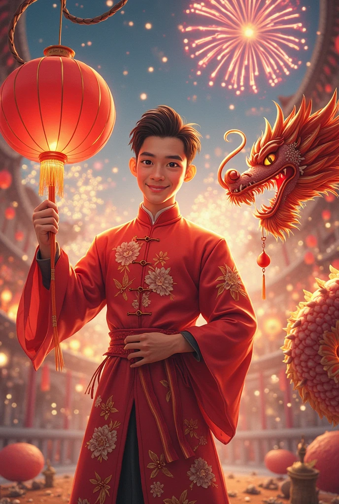 1 boy hugging cute little Chinese dragon, ancient Chinese little prince, Chinese baby dragon, cute, festive, Chinese Lunar New Year, firecrackers, fireworks