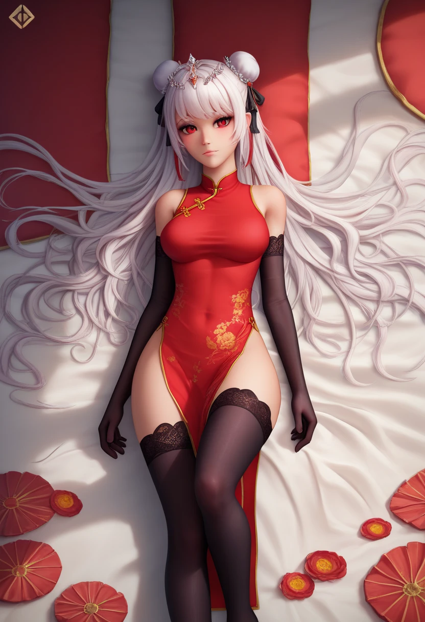 A slim Korean beauty,Good shape,Pretty Face,detailed picture, blush,White long hair, Wearing cheongsam, Wearing black tights, high-heel boots,Wearing black boxing gloves, Standing alone in the ring,Large Breasts,Cleavage,Thin legs,nipple,Camel toe
