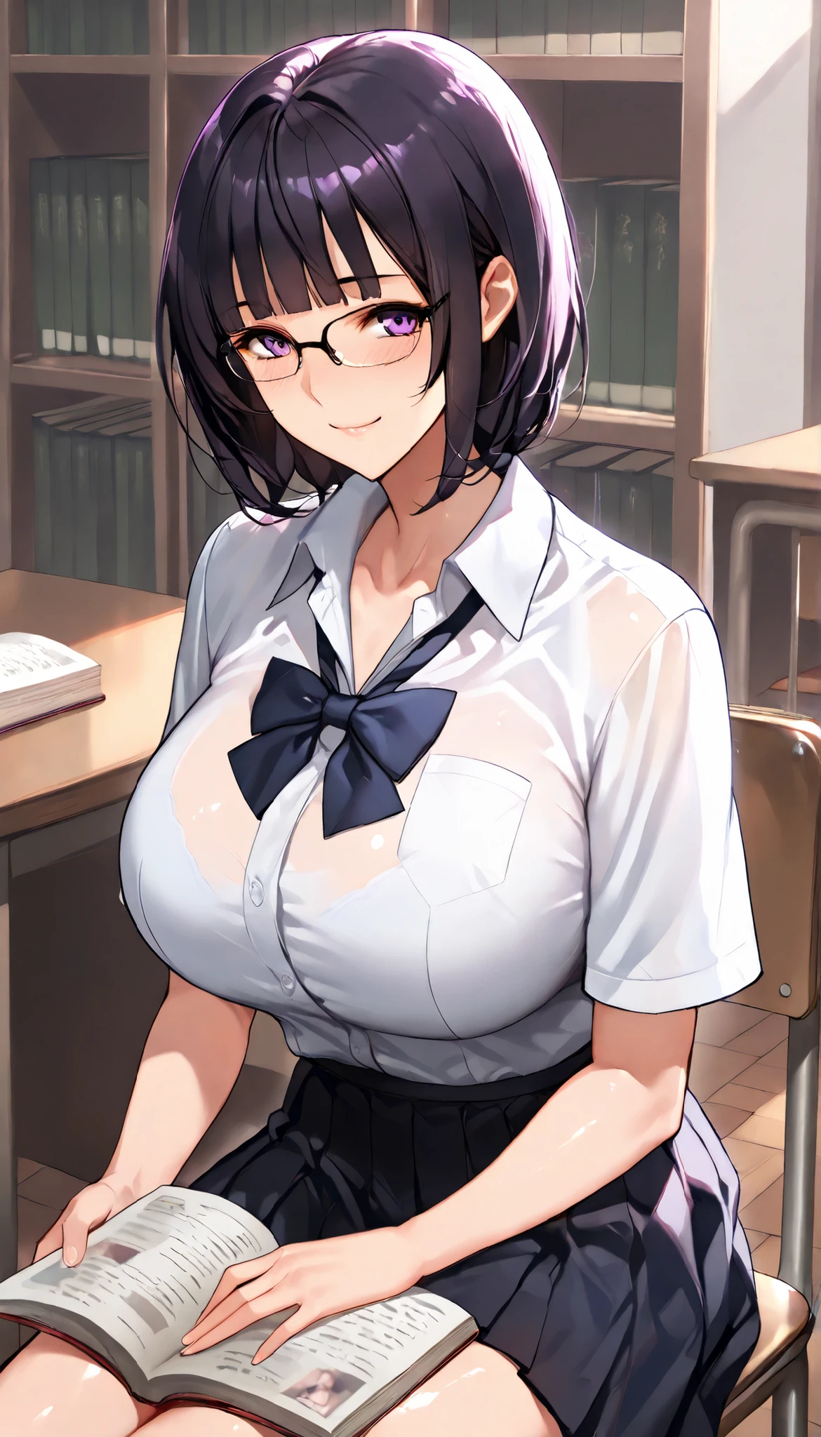 Modern Backgrounds,A female with slim body(older girl),Purple eyes,Wearing Glasses,huge oppai,shiny skin,(Wearing A loose JK skirt),(Loose school uniform)(See-through),(In The School Library),(Black short hair, blunt bangs),(Sitting on chair and Reading a book),light smile,slightly tilted forward,UHD, SOLO, anatomically correct, masterpiece, textured skin, high details, highres, 1080P, 16k, accurate, Beautiful face, Beautiful Nose, Perfect face, Highly detailed beautiful face and eyes, Attractive face, Detailed face, Delicate facial features, Detailed skin,Cowboy shot