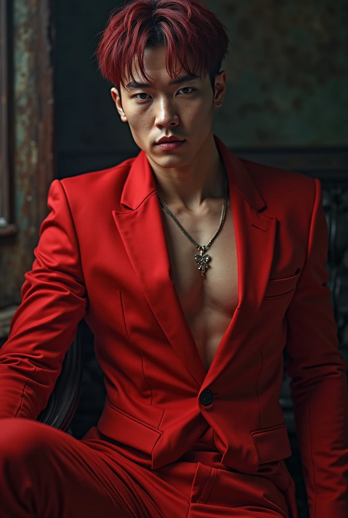 Hot Korean man with defined pink hair, red jacket with white hair open shirtless , tight red pants, front view, K-idol, hot , sexy , k-idol bdsm , masterpiece