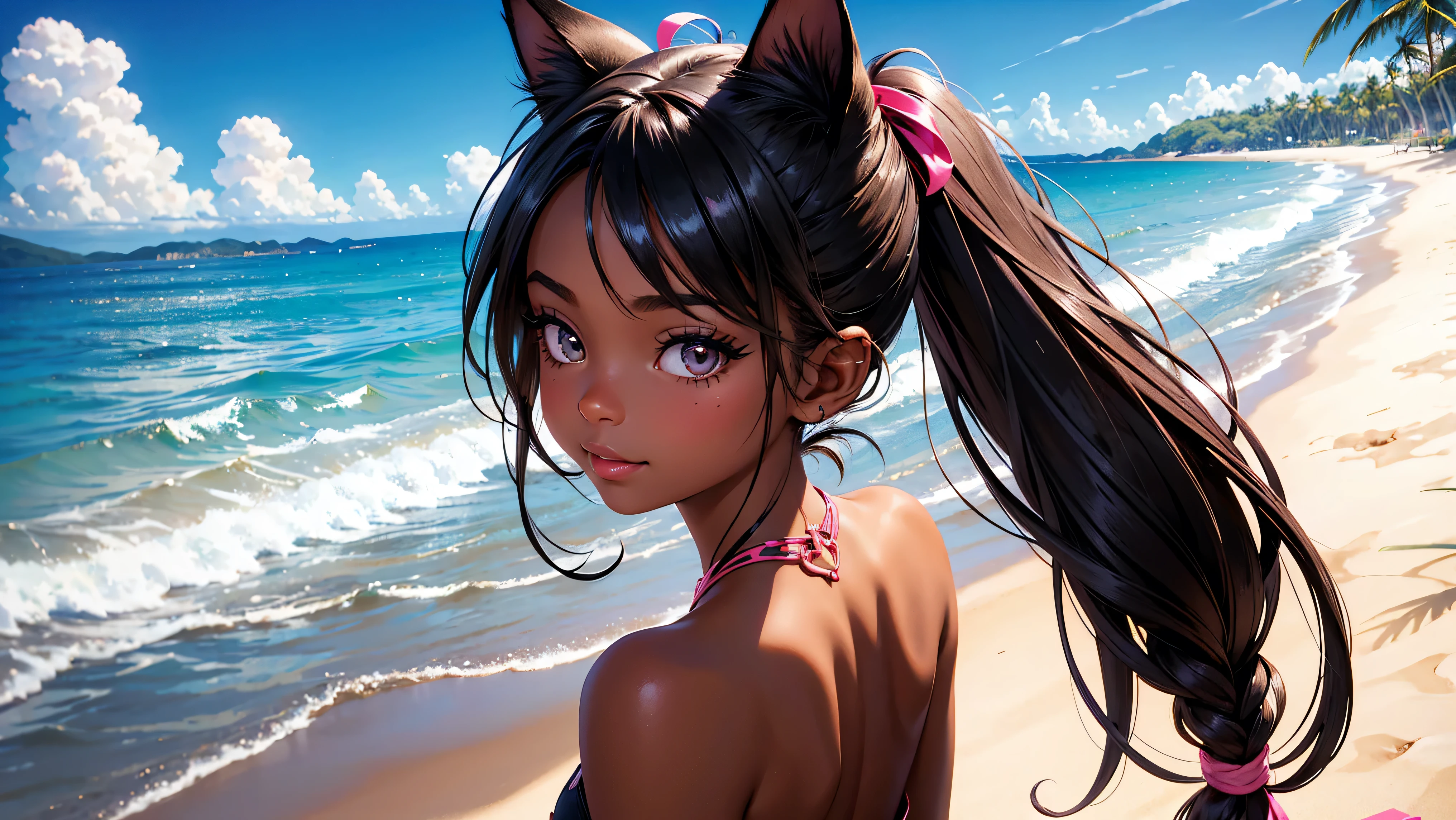 Beautiful Cat girl standing on a tropical beach with her back to you looking back over her shoulder, perfect ass, small perky ass, (High resolution, upper body, shiny skin, My skin:1.2), ((dark tan skin with tan lines)), (best illustration, masterpiece:1.2), (small chest), (sideboob), (hard nipples), wet skin, super detailed, [(cat ears, pink inside :1.2, black long hair), bright colors, sharp focus, portrait, beach lighting, outdoor swimsuit, beach background, ((nsfw)), anatomically correct, young girl, shy smile, ((long eyelashes)), beautiful eyes, hard nipples, (absurd, high resolution, intricate details, intricate)``