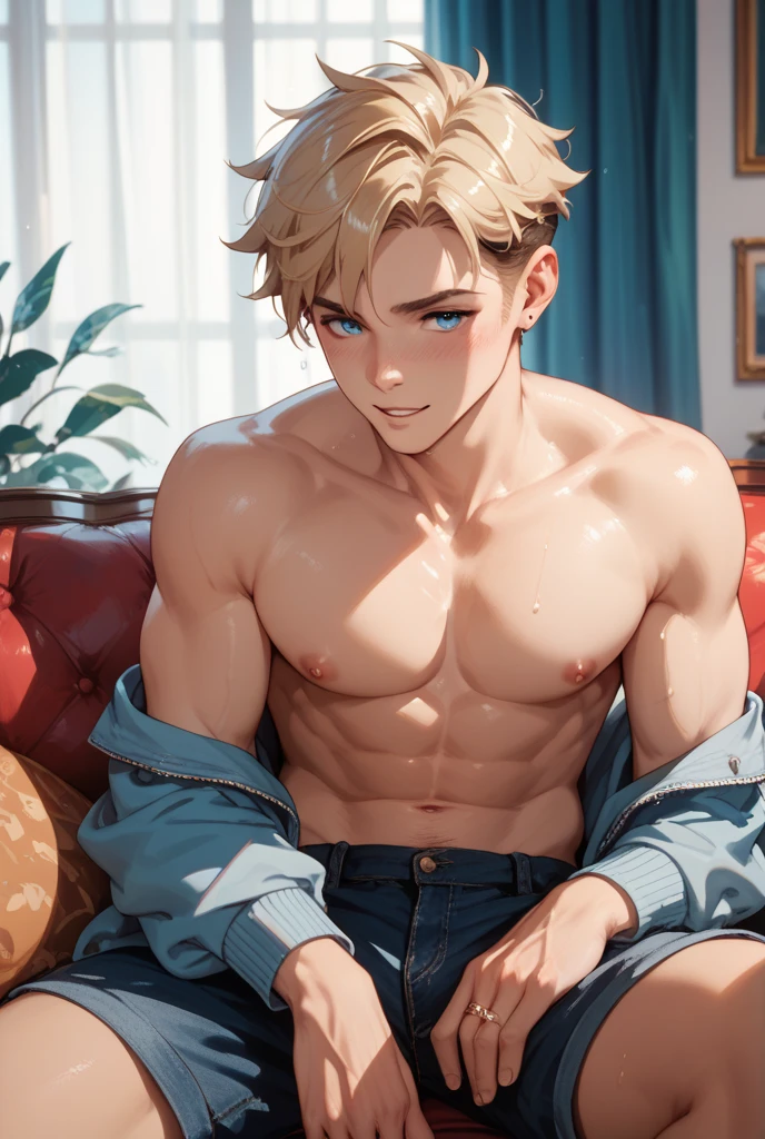 Shota,whaite hair,Blue pupil,shorter pants,vests,White-colored skin,耳Nipple Ring,Lip studs
