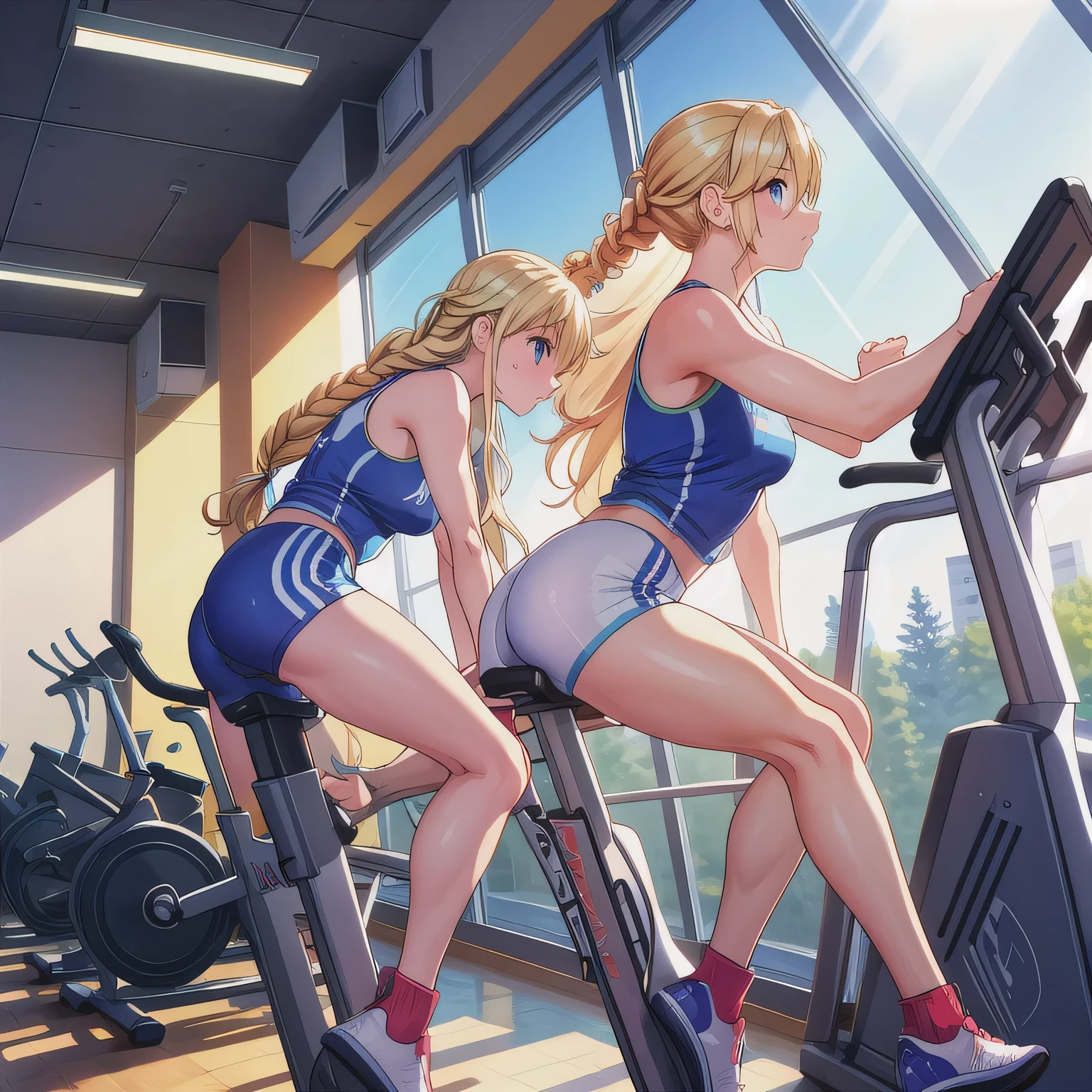 Two girls kiss while riding gym cycles, dolphin shorts,