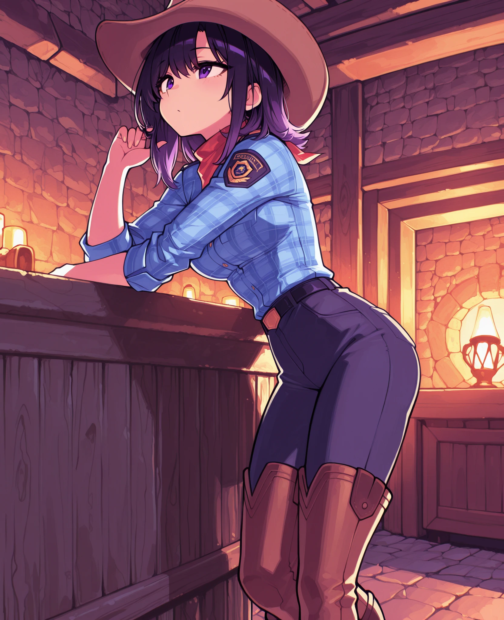 1girl, tan skin, tan, tan-skinned female, from behind, ass, ass focus, thong, panties, jacket, smile, smirk, smug, breasts, huge ass, ((huge ass)), thick thighs, mature female, milf, hourglass figure, black hair, very short hair, yellow eyes, forest, black jacket, ((black jacket)), hooded jacket, belt, military hat, cap, gloves, highleg, gun, black thong, spiked hair, pixie cut, ((highleg)), military jacket, thigh strap, tomboy