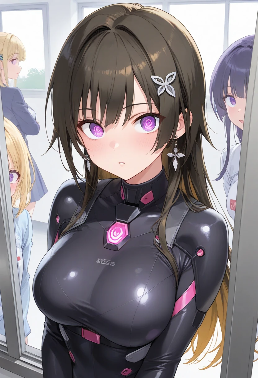 1girl, reika_wz, latex, black bodysuite, bodysuit, science fiction, cyberpunk, indoor,, cowboy shot, looking at viewer, standing,arms behind back,,huge breasts,sweating,(((trembling,nsfw)))