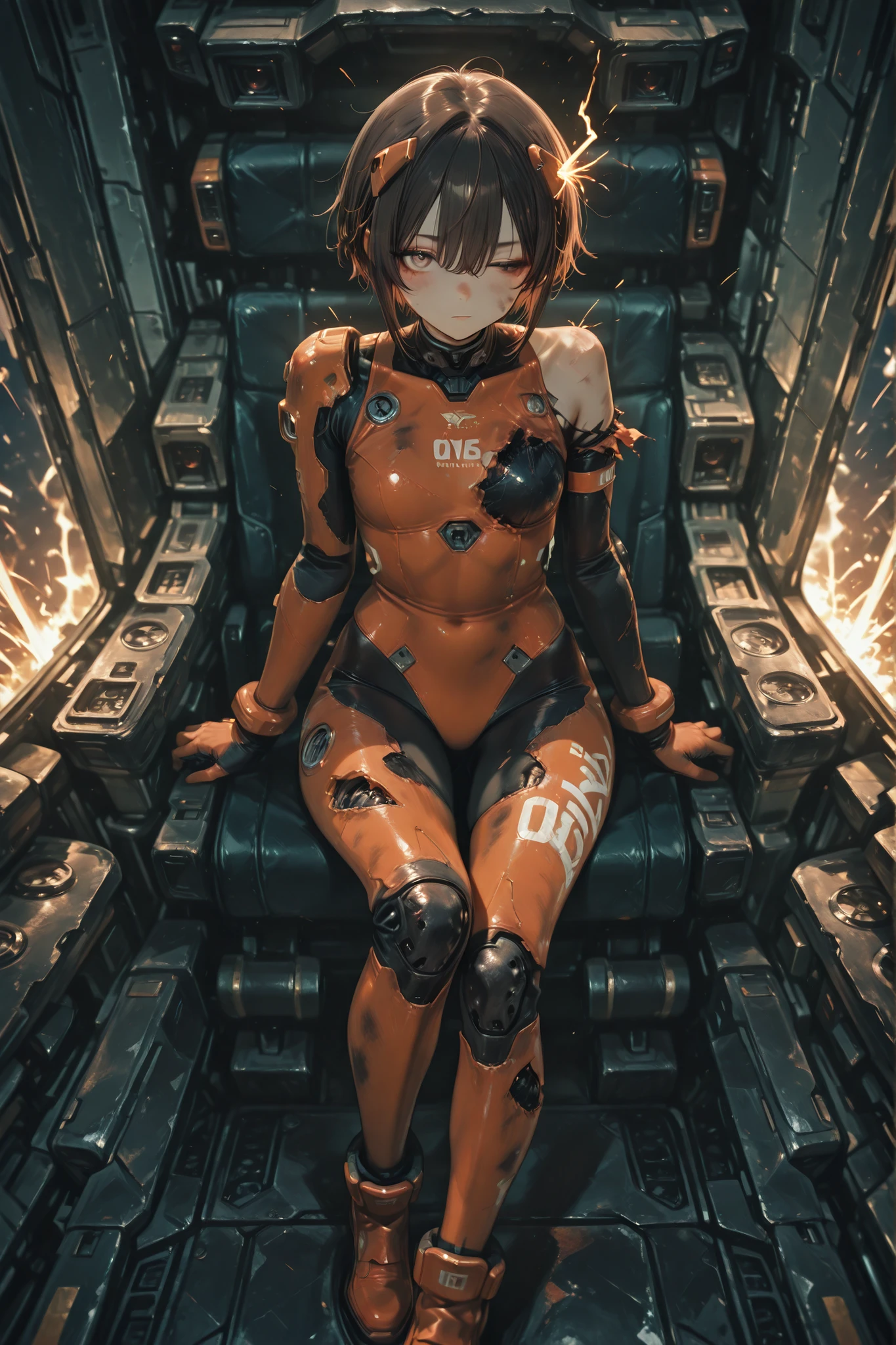 manages to crawl out of the cockpit of the robot、That pilot girl, One eye is also damaged、sparks are scattered in the cockpit、with her left shoulder damaged、full body