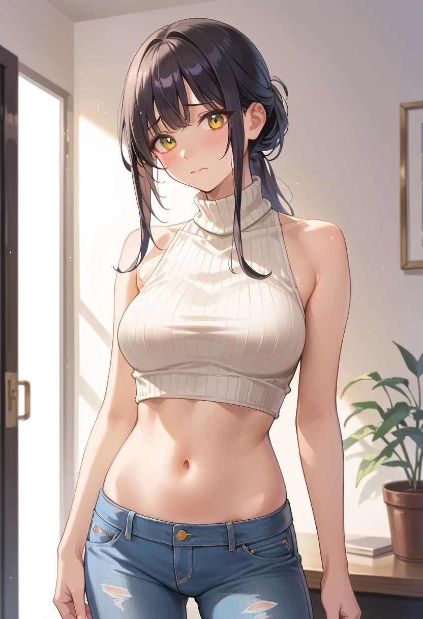 curly hair, medium hair,1 girl, solo, medium breasts, tummy, orange shirt, high neck, sleeveless, buffet, food, dark brown skirt, blush, annoyed, looking down, big bellybutton, abs, hands on hips, large navel, dark brown hair, milf