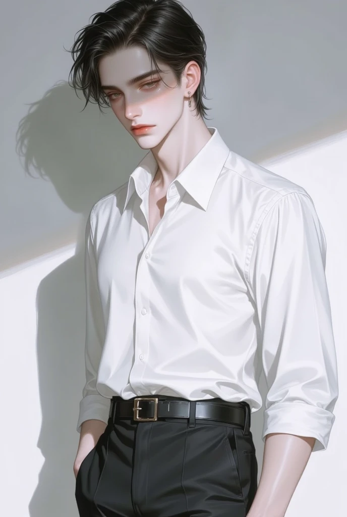 4k, high resolution, best quality, masterpiece, perfect color, perfect shade, perfect lighting, Posted by e621, ((portrait)), ((handsome man)), perfect male figure, Short hair details,Detailed face, perfect face, (stood up), Detailed background, ((Bonifasco Lighting)),white hair, wearing white shirt, black leather belt, black neck tie,