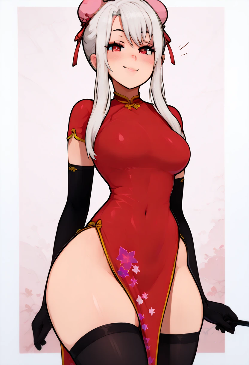 masterpiece, best quality, solo, curvy, beautiful eyes, zQipaoIllyaCitron, red eyes, hair bun, hair ribbon, sidelocks, white hair, bun cover, chinese clothes, china dress, elbow gloves, black thighhighs,  side view, ass, leaning forward, cowboy shot, smile, looking at viewer, shiny skin,