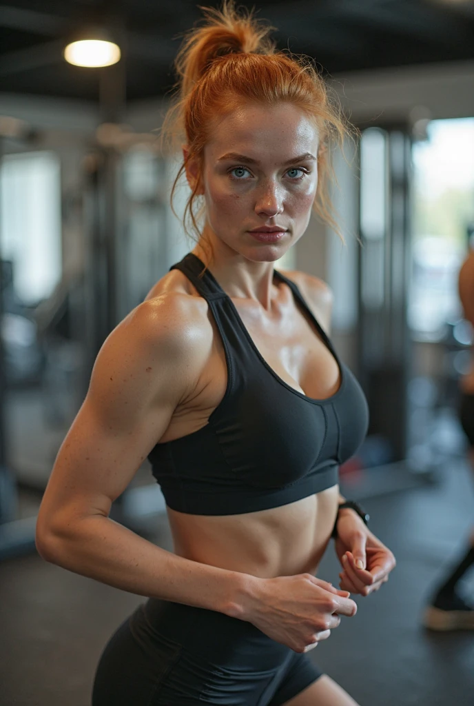 The young woman of Russian origin, with bright red hair and intense blue eyes, is in a modern and well-equipped gym, focused on your training. She wears a gym outfit that highlights her defined and toned body.: a sports bra and fitted leggings that combine comfort and style. Her red hair is tied up in a practical bun, keeping them out of her face while she works out.

She is wearing training gloves and holding dumbbells firmly., demonstrating strength and determination while performing a lifting exercise. Your posture is impeccable and your focus is completely on the movement you are performing., with a focused look and an expression of effort and commitment.

The environment around you is modern and well lit., with state-of-the-art gym equipment and a clean background that highlights the fitness environment. Natural light coming through the window or artificial lights in the gym highlight your presence, accentuating the muscle definition and the commitment she puts into each repetition.

Her facial expression and the way she focuses on the exercise convey a sense of discipline and passion for training., while the complete look, with her hair tied up and dumbbells in her hand, reflects dedication and professionalism.