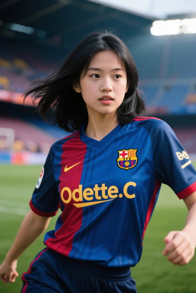 young Asian girl 20 yrs old. beautiful wearing a football shirt from the Barcelona football club with blue and dark red stripes. Smile. long black brown hair. sitting pose holding the ball, in the stadium