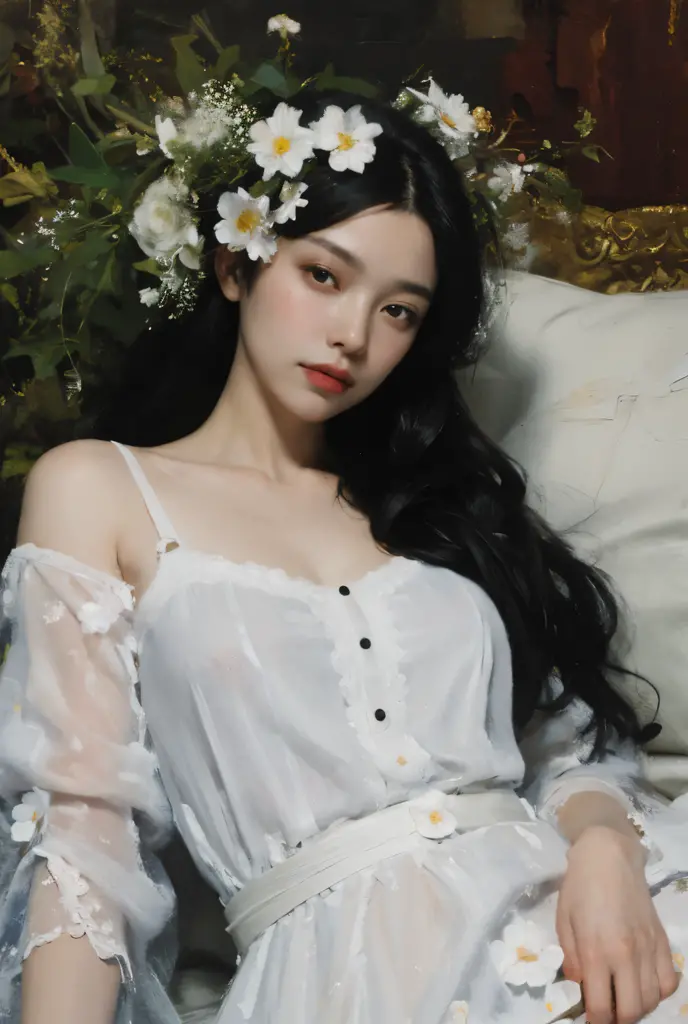 (oil painting:1.5),
\\
a woman with long black hair and white flowers in her hair laying down in a field of white flowers, (amy sol:0.248), (stanley artgerm lau:0.106), (a detailed painting:0.353), (gothic art:0.106)