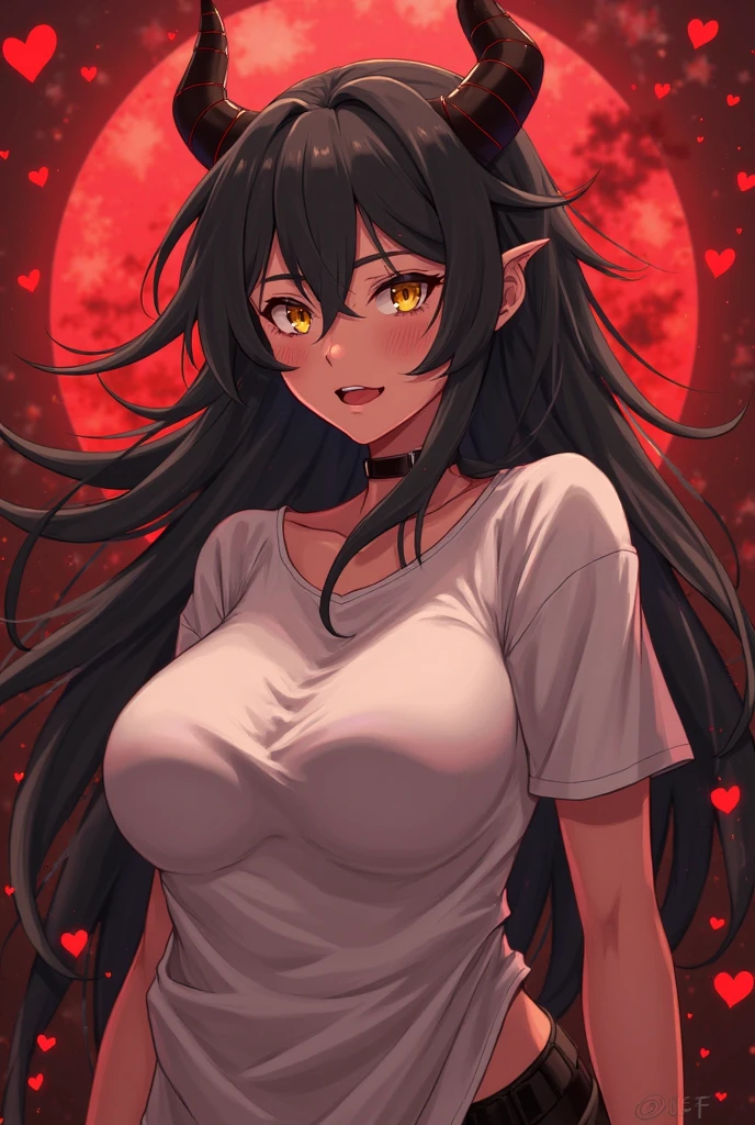 1girl, wendigo, huge breasts, long flowing dress, cleavage, plump, deep cleavage, hair tied up, lipstick, bending over, gigantic breasts, sagging breasts, deer antles, blood, blood covered breasts, blood dripping from mouth, black hair, dark skin, red eyes, in dark forest, smug look, black claws, glowing eyes, milf