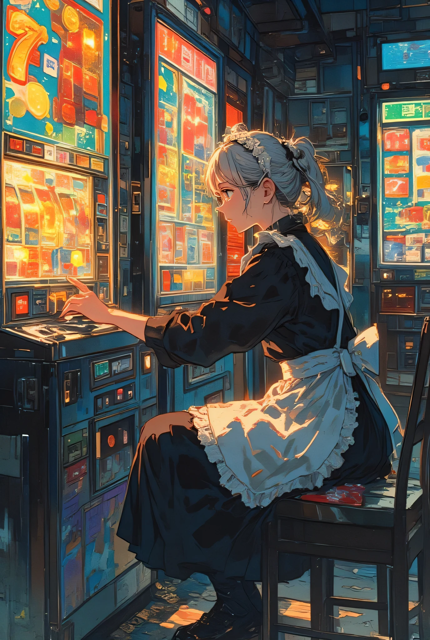 an elderly woman with visible wrinkles, wearing a frilly black-and-white maid outfit with lace trim and a lace headband, her long silver hair tied into two neat buns, sitting alone in a dim, windowless pachislot parlor, her small round glasses slipping down her nose as she presses a glowing button on a colorful retro-style pachislot machine, bright flashing lights reflecting on her focused face, the screen showing spinning fruit symbols and glowing sevens, surrounded by other silent machines, scattered coins and empty candy wrappers on the floor, illustrated in a picture book style with thick lineart, soft watercolor textures, gentle color bleeding, and a warm paper texture, calm and heartwarming atmosphere, illustration style