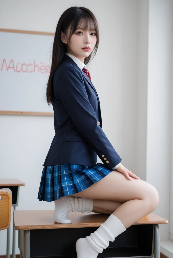 Girl standing in a school classroom,Blue tie uniform,Dark Blue Blazer,Blue plaid skirt,18-year-old,bangs,Smile a little,Thighs,knees,From below, Navy blue knee socks, Long Hair, Black Hair, 