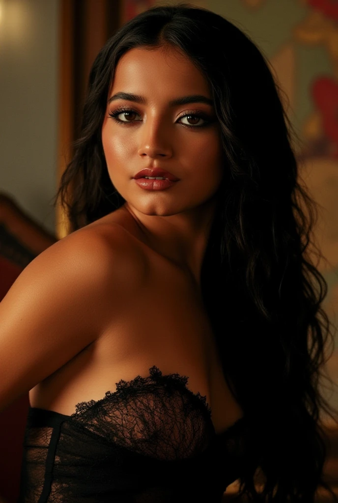Name is Emma, she is 25 years old, she is from Colombia, thick but has a nice body, nice double d breast size, standing against a wall, dressed in a sheer, dark-colored lace lingerie set with intricate floral patterns. She is wearing a matching bra and thong, with a black robe draped over her shoulders. Her hair is styled in soft waves, and she is looking directly at the camera with a confident and slightly serious expression. The lighting is warm and soft, casting a shadow of her silhouette on the wall, adding depth to the image. The overall mood of the picture is elegant and sensual.
