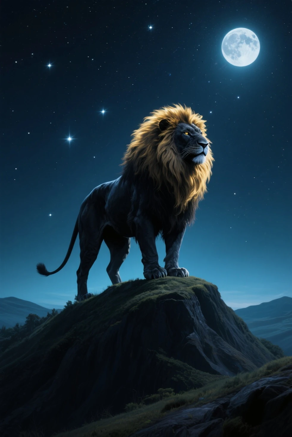 Create an ultra realistic 8k image of a big and beautiful strong lion with blue eyes looking up at the sky with a look of gratitude , the night on a mountain