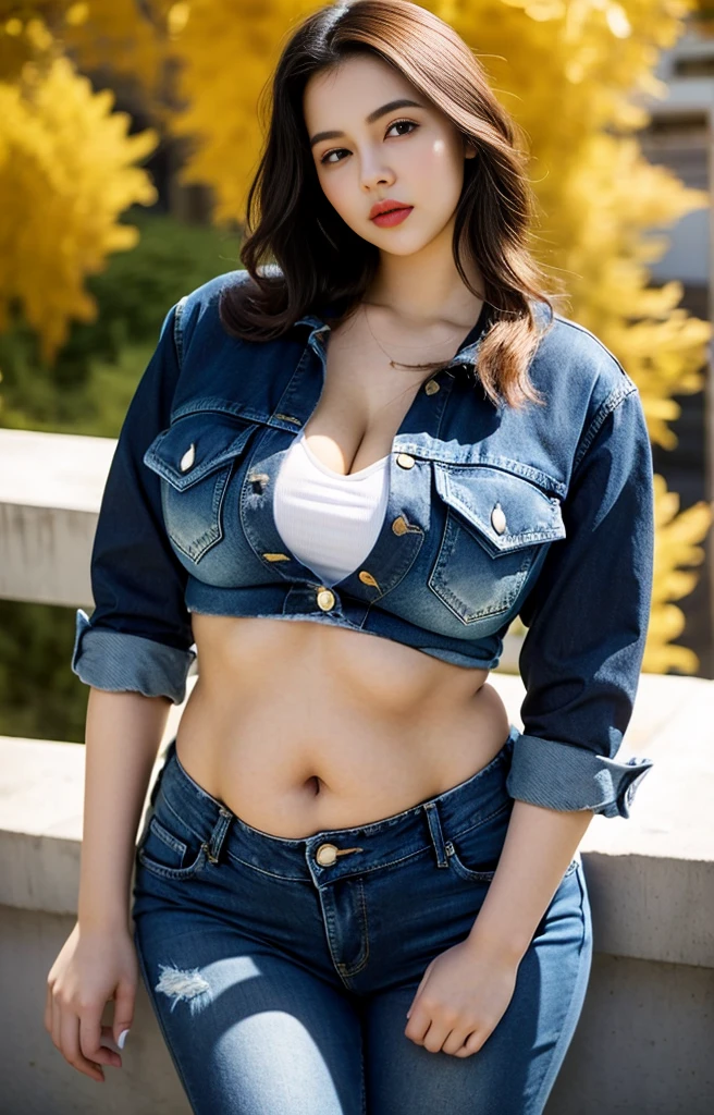 masterpiece,ultra detailed,black cap,patterned white short shirt,denim short pants,(tanned skin),plump mature face,,curvy body,brown hair,(tareme),make-up,jacket,28 years old,seductive female,thick make-up
