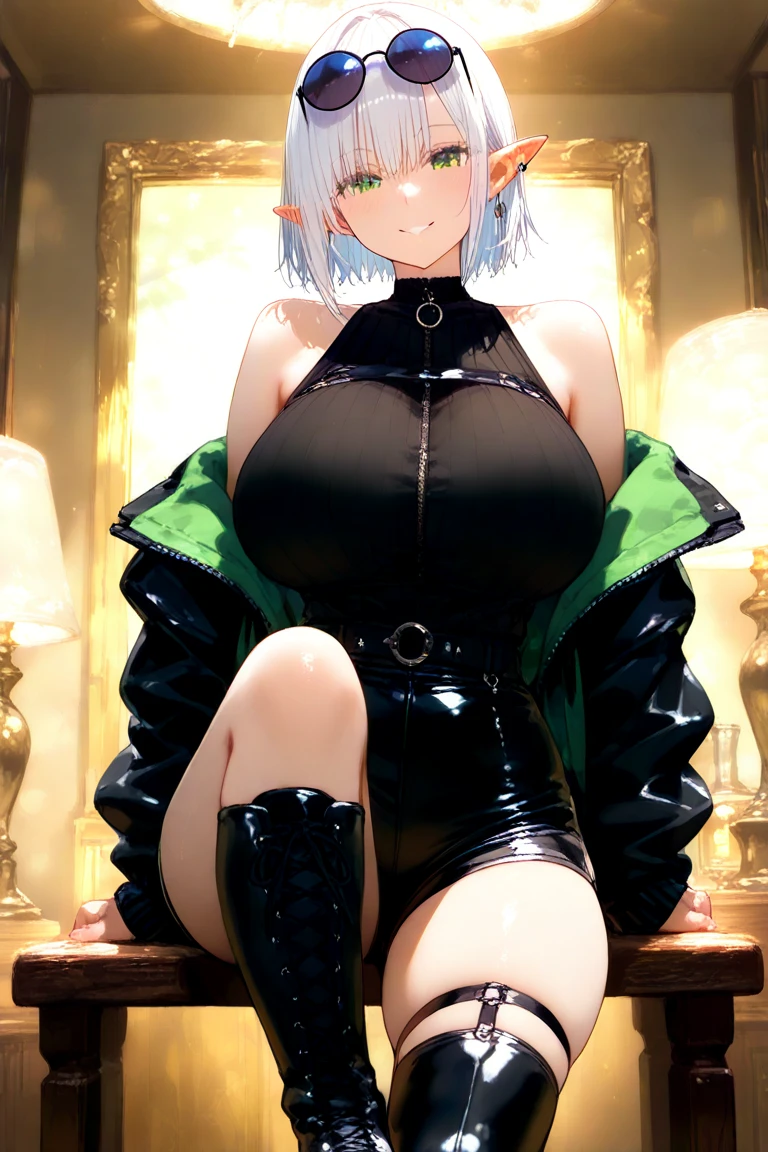 young girl, short gray hair, cat ears, high ponytail, violet eyes, Black leather tight top, white puffy sleeves, black skirt, pantyhouse, turquoise cloak, open breasts, Masterpiece, hiquality