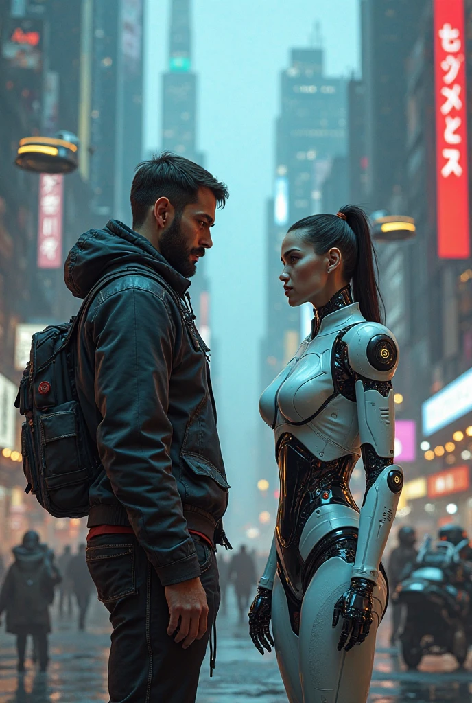 Cyberpunk neon city with teal and orange lights, a man in robocop costume sitting and thinking about his future with his girlfriend and coffee