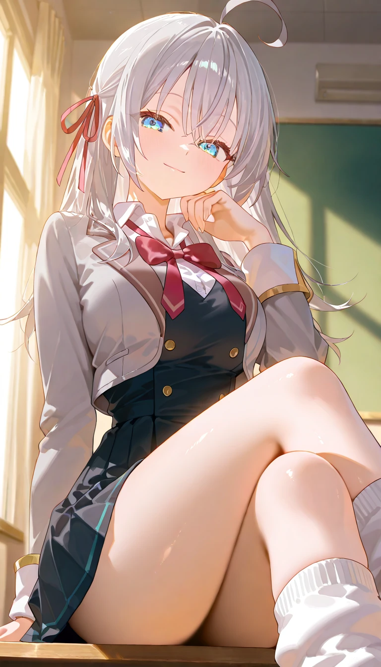 1girl in、A smile、A delightful!　The shirt、pleatedskirt、White skirt、（small tits）Squatting panchira、