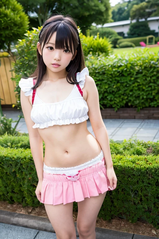 (8k),(masterpiece),(Japanese),(),((Innocent look)),((Childish)),from the front,smile,cute,Innocent,Kind eyes、Topless、Upper body naked、A cute floral mini skirt with frilled lace,(Carrying a red backpack),Straight hair,Hair blowing in the wind,Black Hair,Somewhat strong wind,noon,bright、Flipping up the skirt yourself、Low - Angle、Angle from below、White panties are visible、Short mini skirt、The base of the thighs is visible、I can see her nipples、Her breasts are exposed、The upper body is not wearing anything、I can see your chest、I can see your boobs