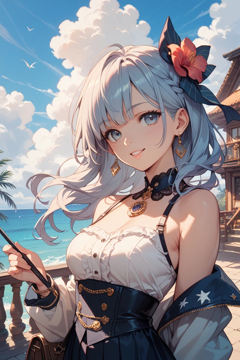 Girl railing side,Look at the flowers in the distance,Big eyes shining,long haired,Delicate skin,薄T-shirt,chest cleavage(1.5),Ultra-short start,silk stockings,bright and sunny day(the clouds:1.2), detail shaded, (最佳质量), 4K, ultra detaile, (dynamic compositions:1.4), highly detaild, Colorful Detail, (Rainbow Color:1.2) --auto