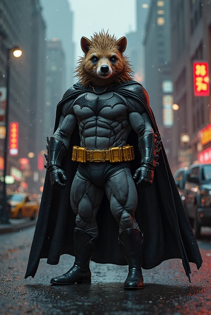 (best quality, highres, ultra-detailed:1.2), capybara dressed as Batman, Gotham City by night, dramatic lighting, intense shadows, rain-soaked streets, intimidating atmosphere, iconic Bat-signal, dark and gritty aesthetic, detailed fur texture, sleek and detailed Batman suit, muscular build, determined expression, iconic cape flowing in the wind, intense look in the capybara's eyes, dynamic pose, dramatic composition, vibrant colors, neon signs illuminating the streets, towering skyscrapers, moonlit night sky