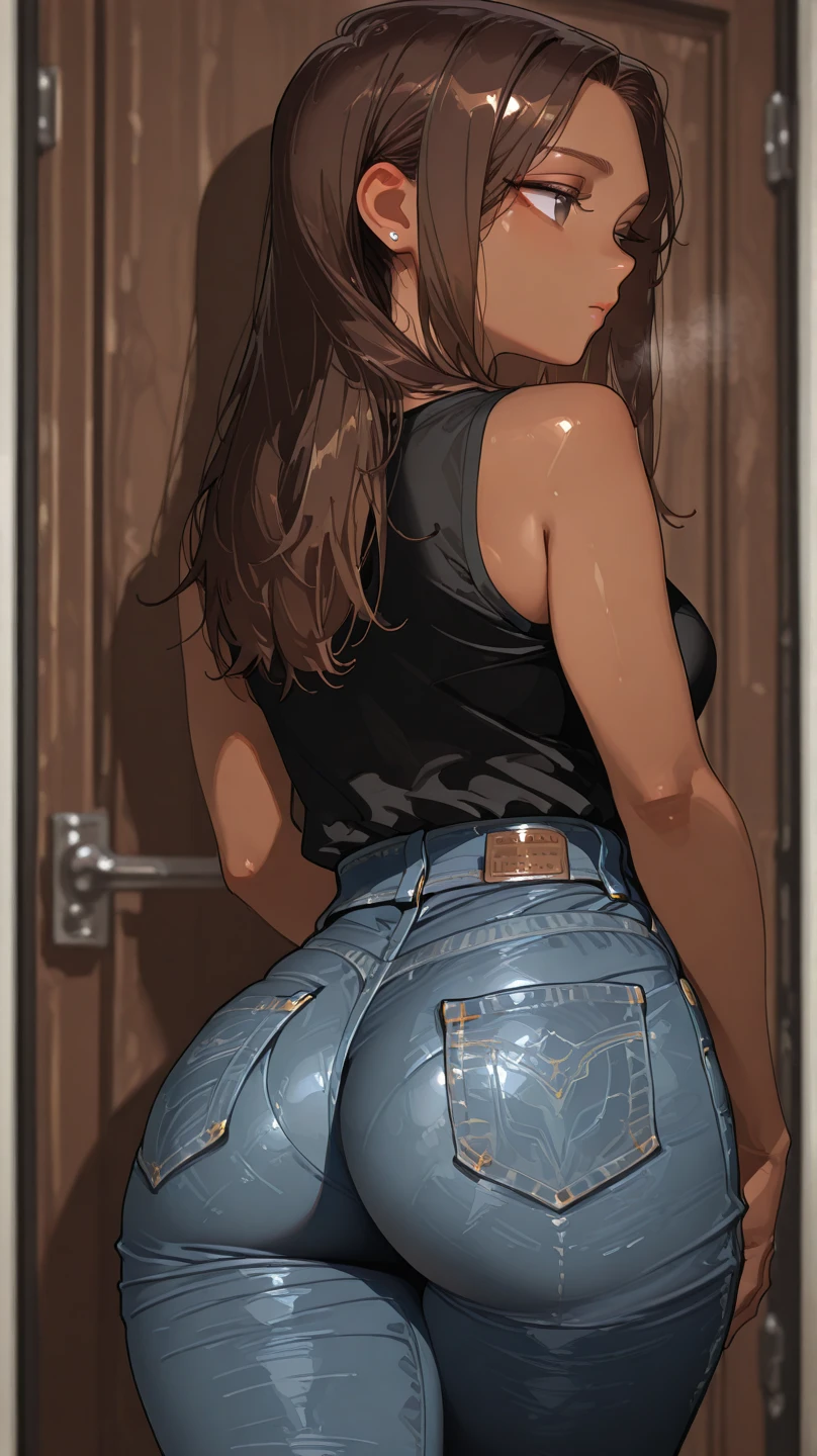 uma menina wearring a string, latina face, brown skin, long natural curly brown hair, glamour, slimthick, Stand up, maquiagem, Lips are soft or colored, fundo simples, silhuetas fluidas, Stand Up, provocador, surprised facial expression, bashful, simple lighting and texture, plain background, large clothes, pantie, shirt, back view, nice ass,