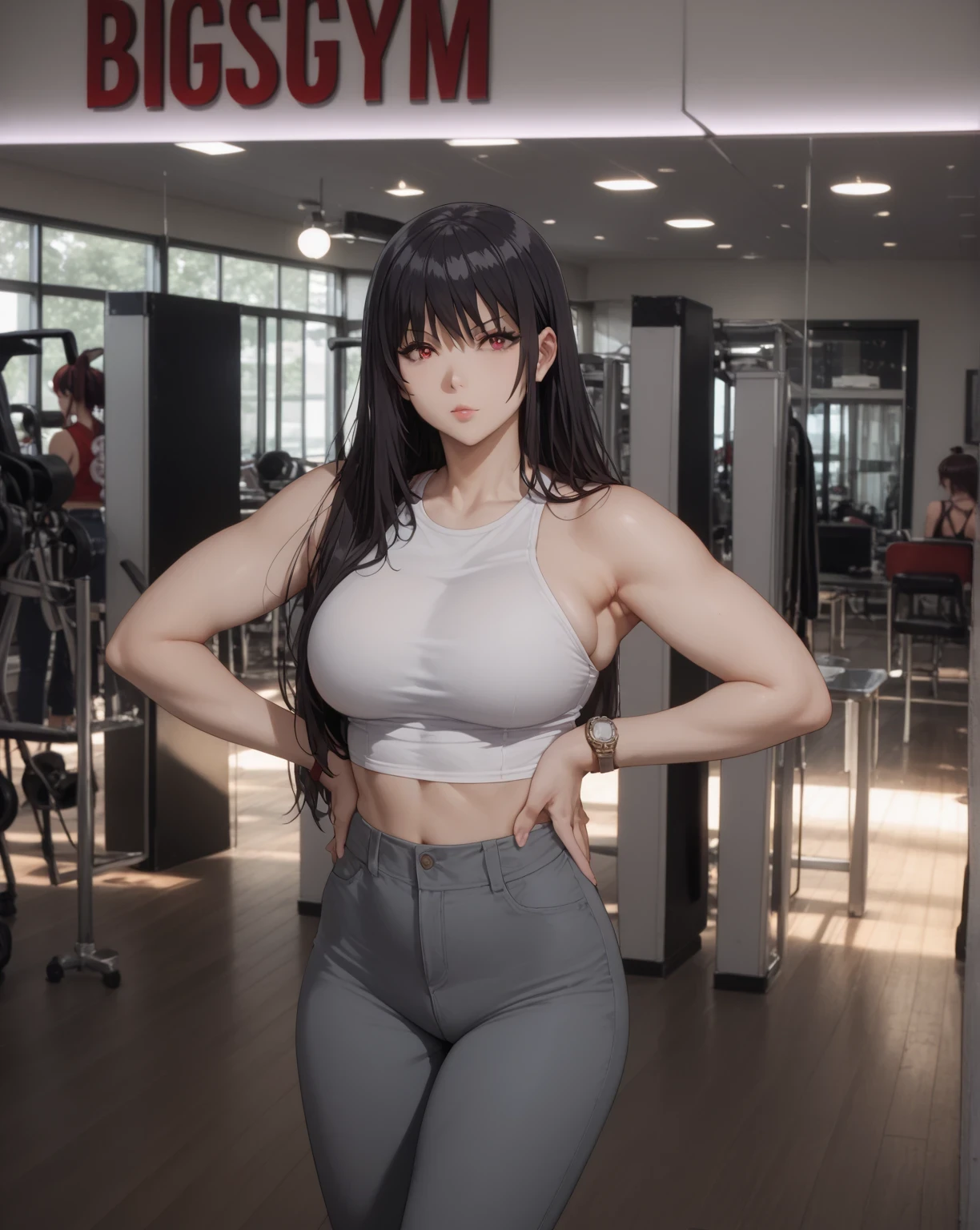 Source anime, Tall girl,score_9, score_8_up, score_7_up, score_6_up, uncensored, claire kagenou, long hair, black hair, red eyes, huge breast,thighs, 1girl, long_hair, black_hair, hands_on_hips, pants, indoors, grey_pants, solo, breasts, photo_background, sleeveless, watch, wristwatch, midriff, bangs, crop_top, medium_breasts