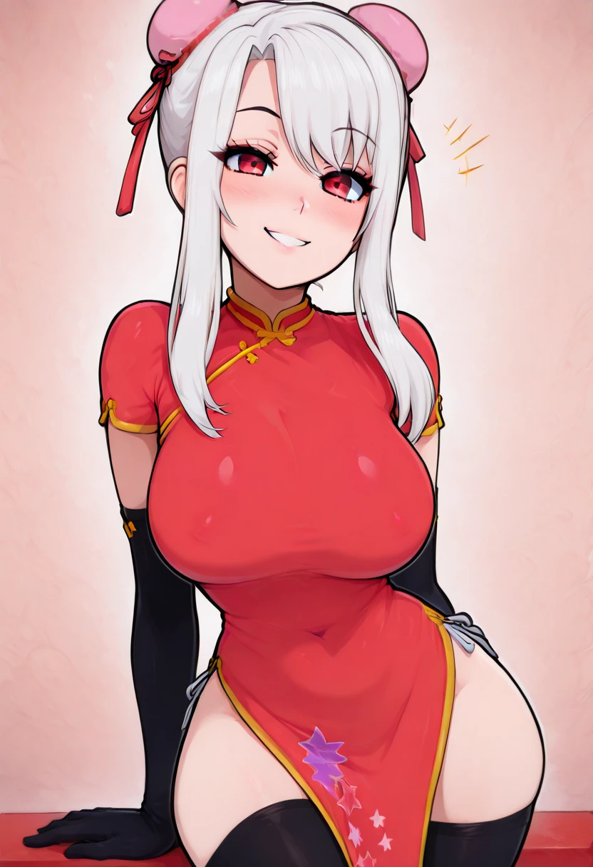score_9, score_8_up, source_アニメ,Silver Hair,Center-parted bangs,long hair,very big ,Eyes closed,smile,((1girl)),shiny skin,Heavy breathing,Lewd,E nipploves,igh leg,Expose,front view,Ninja,Armpit Show,Sweaty